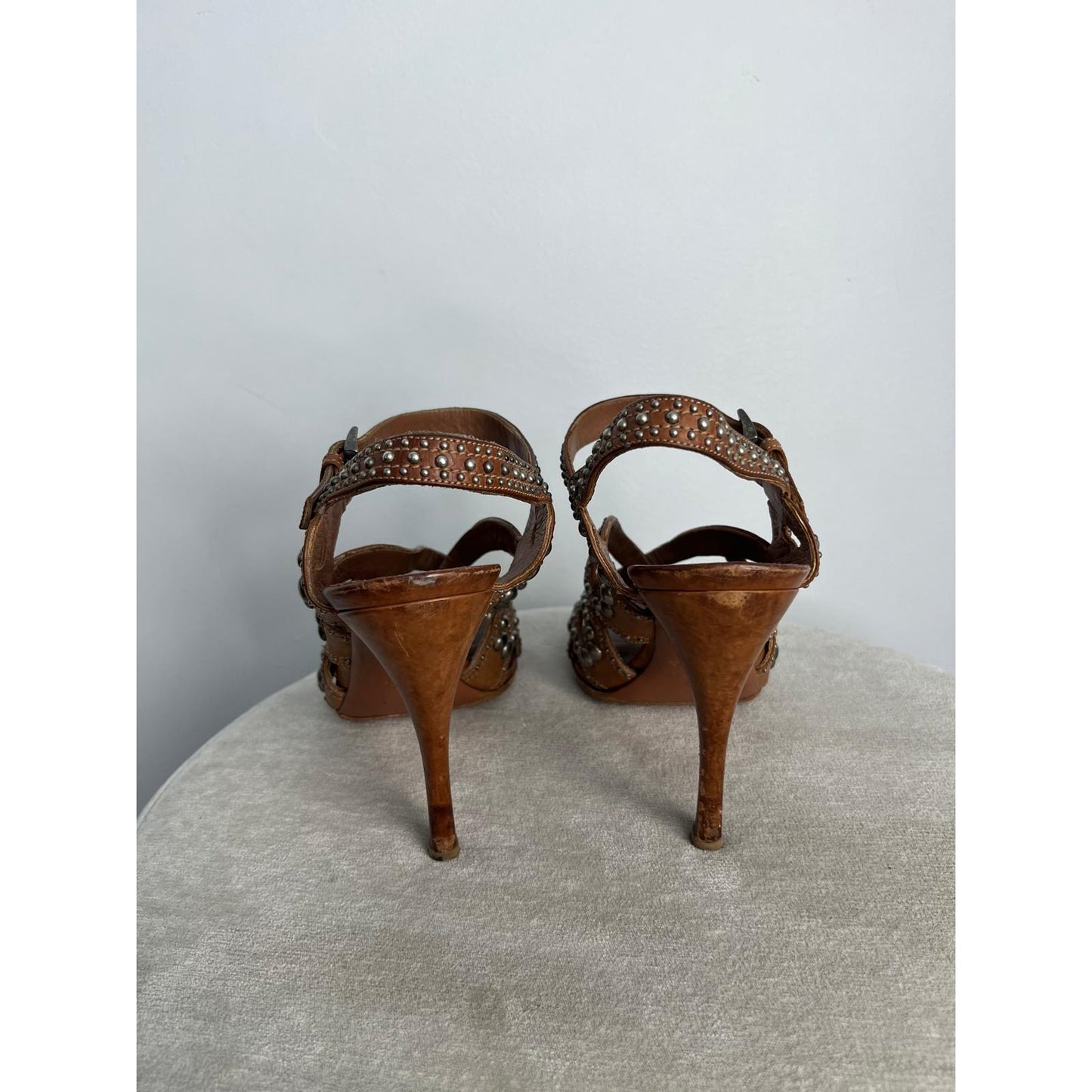 Alaia Studded Leather Heeled Sandals Women US8 Brown Strappy High Heel