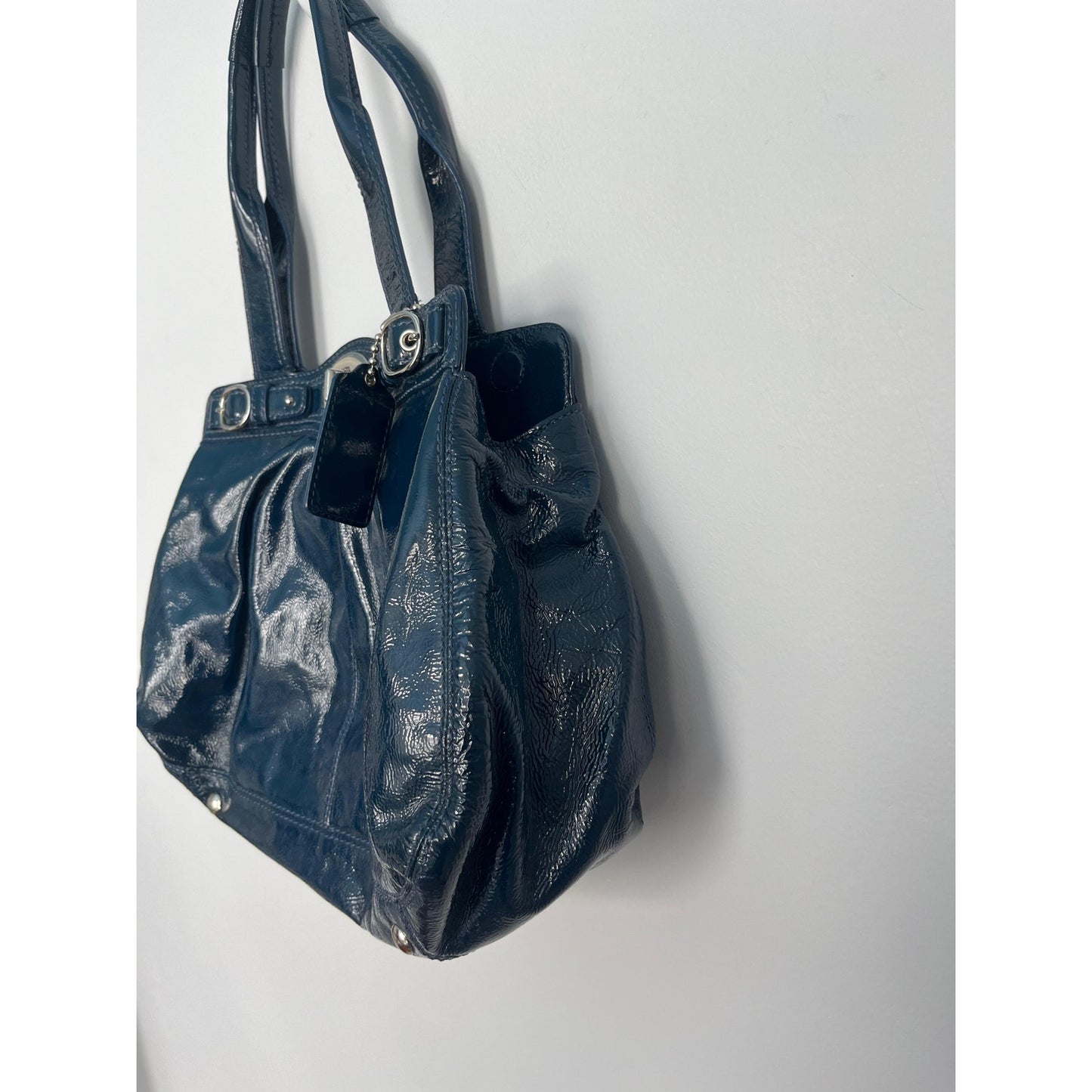 Coach Patent Leather Vintage Shoulder Bag Women Navy Pleated Turnlock Tote