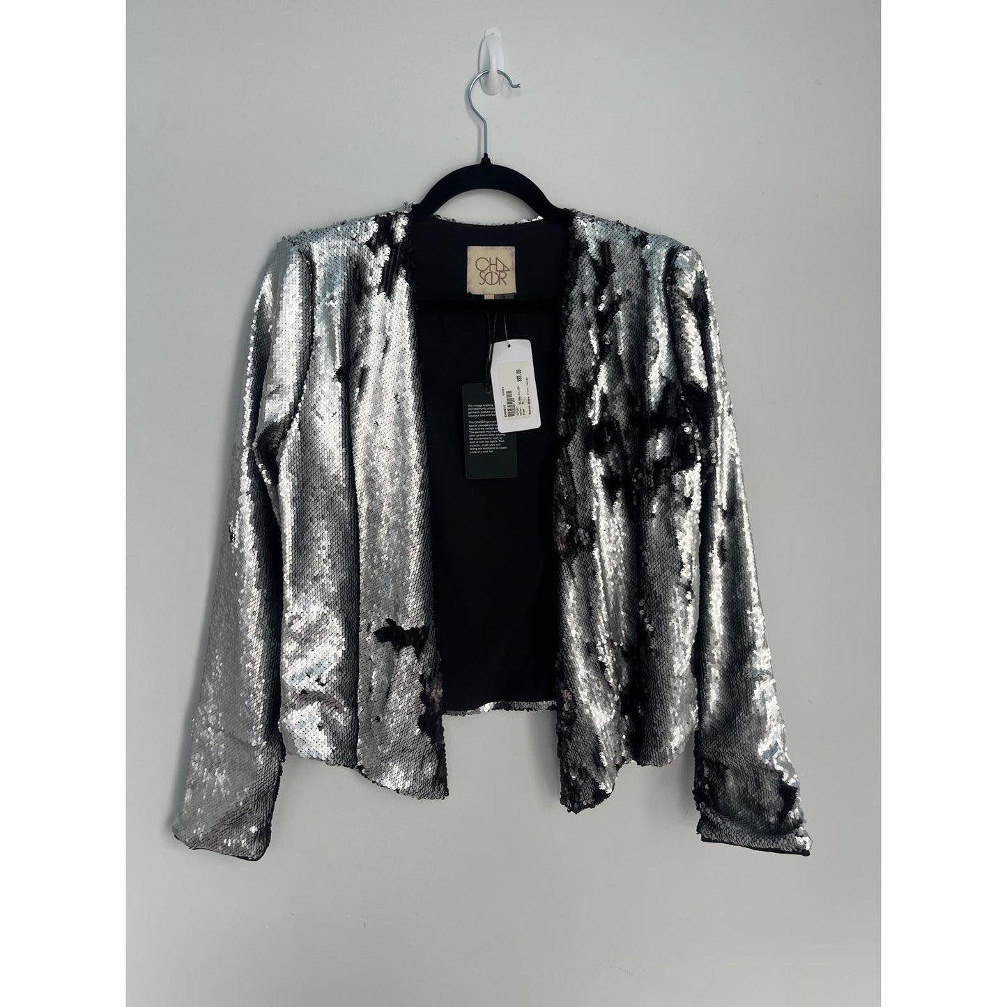 Chaser Sequin Jacket Women Medium Silver Black Open Front Party Blazer NWT