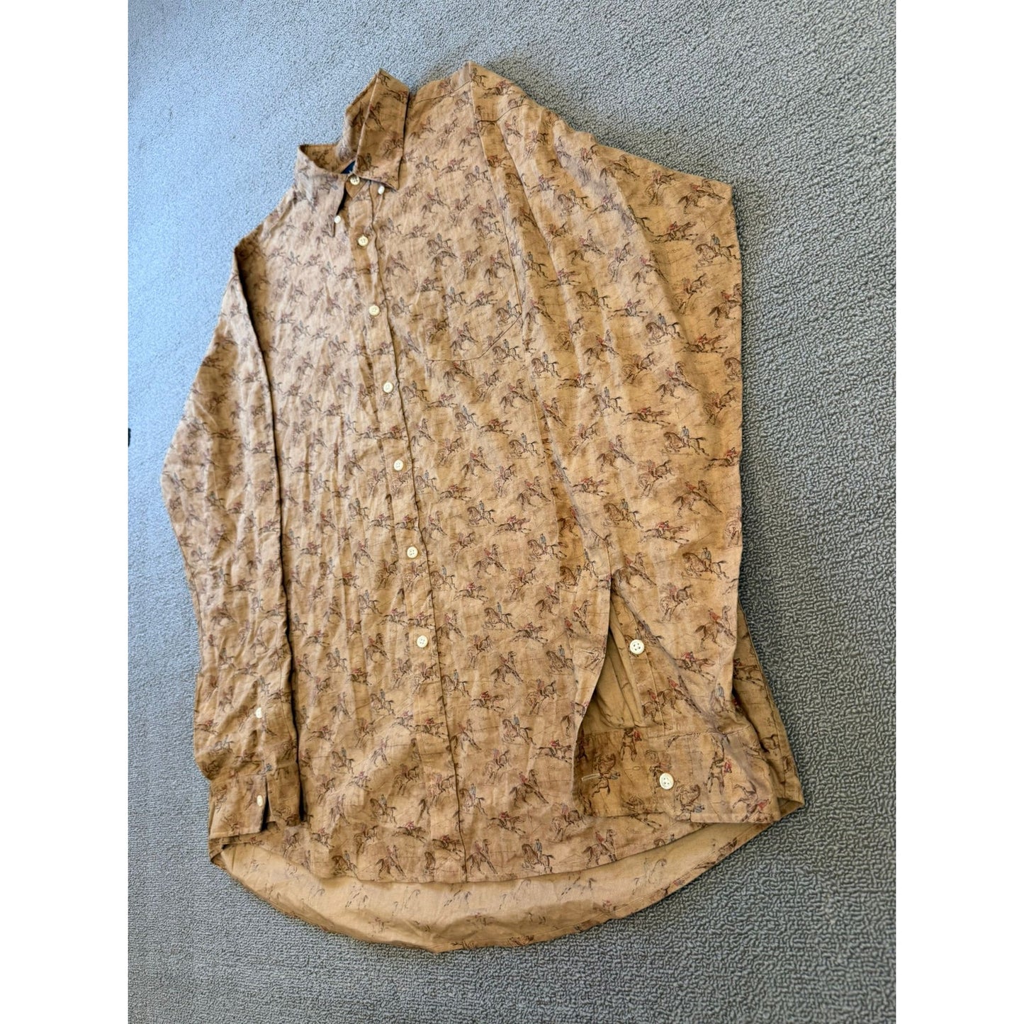 RALPH LAUREN Men's Button Down Shirt L Tan Brown Equestrian Horse Vintage Print