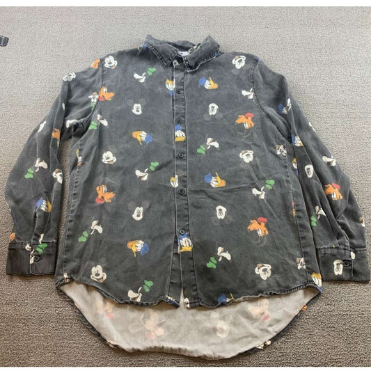GDN Disney Characters Button Down Shirt Black Donald Goofy Mickey Pluto- Size M