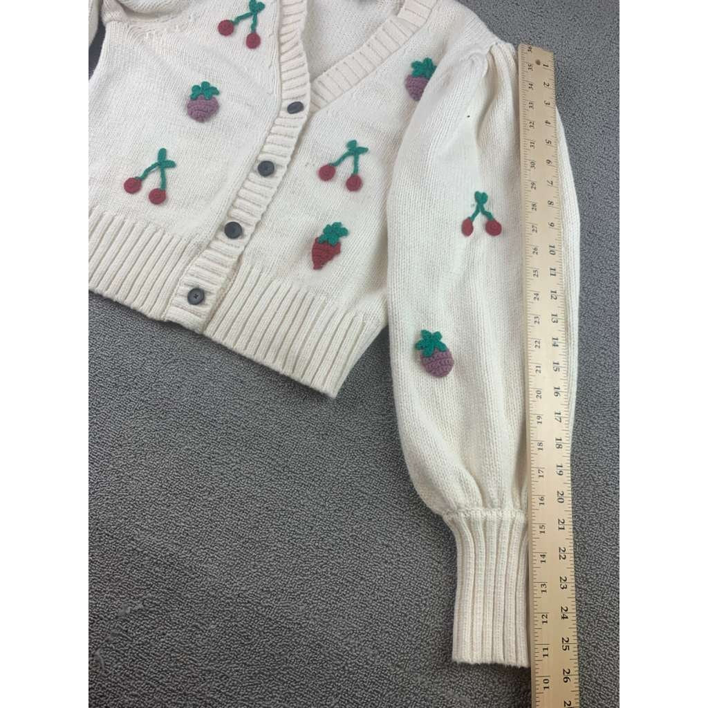 Rails Cardigan Women M Cream Button Front Cherry Strawberry Knit Puff Sleeve