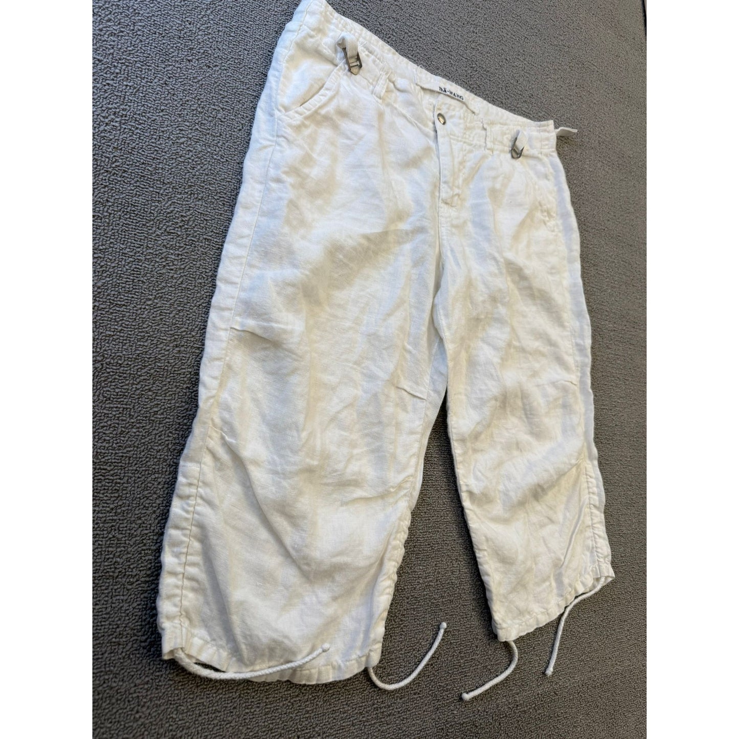 Dā Nang Women Medium White Linen Capris Pants Adjustable Hem
