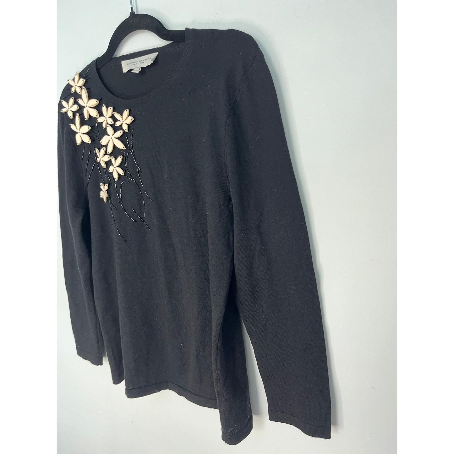 Carolina Herrera Floral Embellished Sweater Women L Black Embroidered Italy