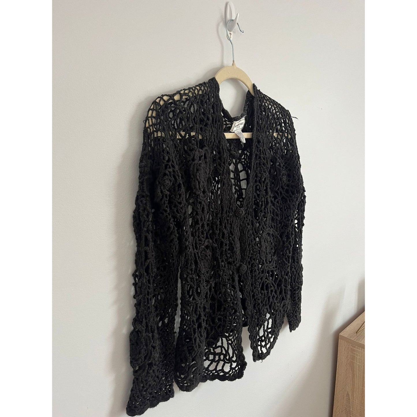 Henri Bendel Cardigan Women Size M Black Open Crochet Knit Button Front Vintage