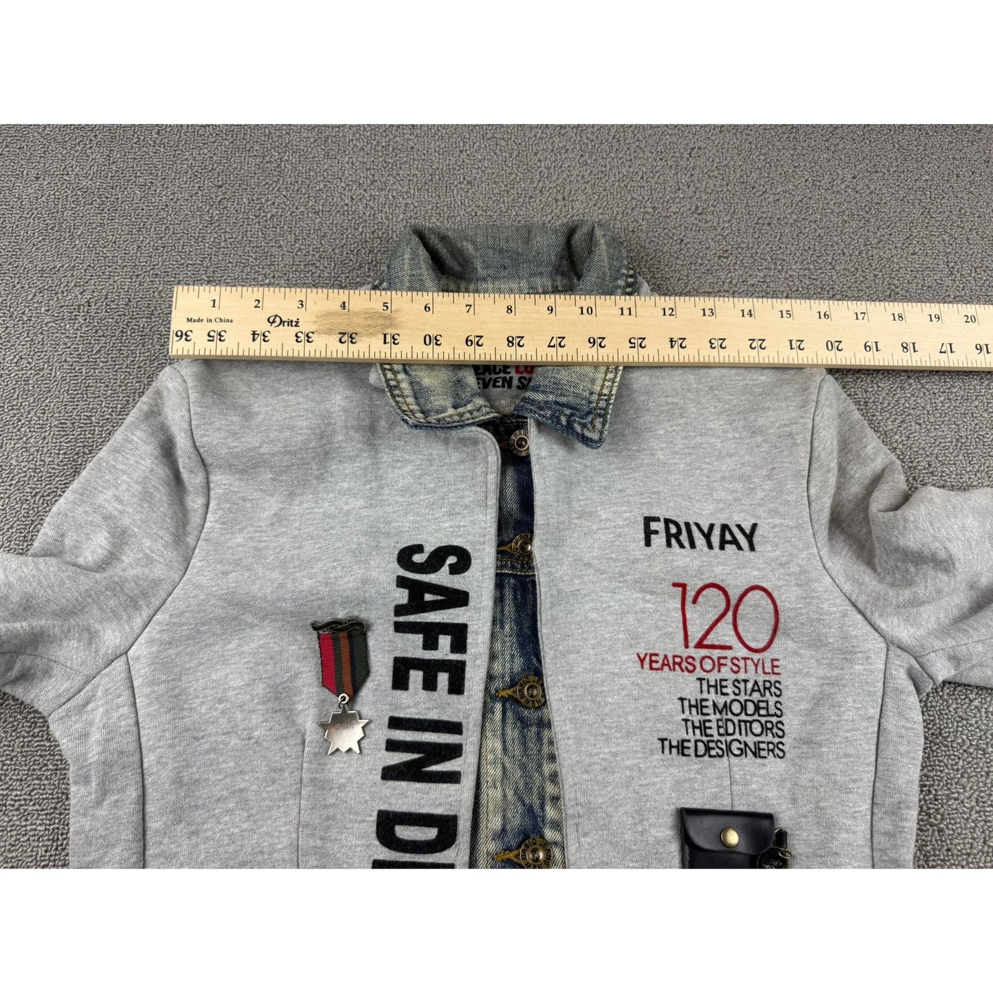 Peace Love & Seven Seventy Women's Small Graphic Patchwork Art Denim Mix Jacket