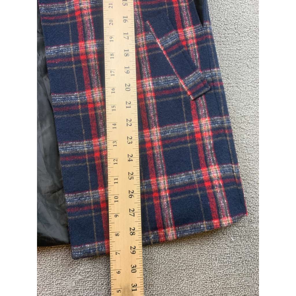 Love & Other Things Women M Navy Red Plaid Over Coat With Pockets