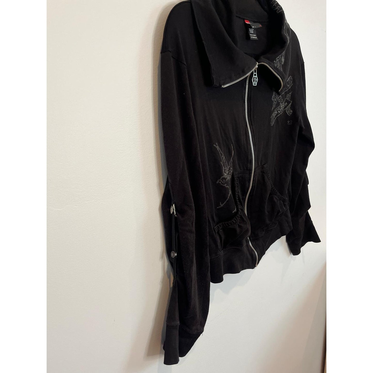 Diesel Zip Hoodie Women L Tattoo Swallow Embroidery Black Vintage