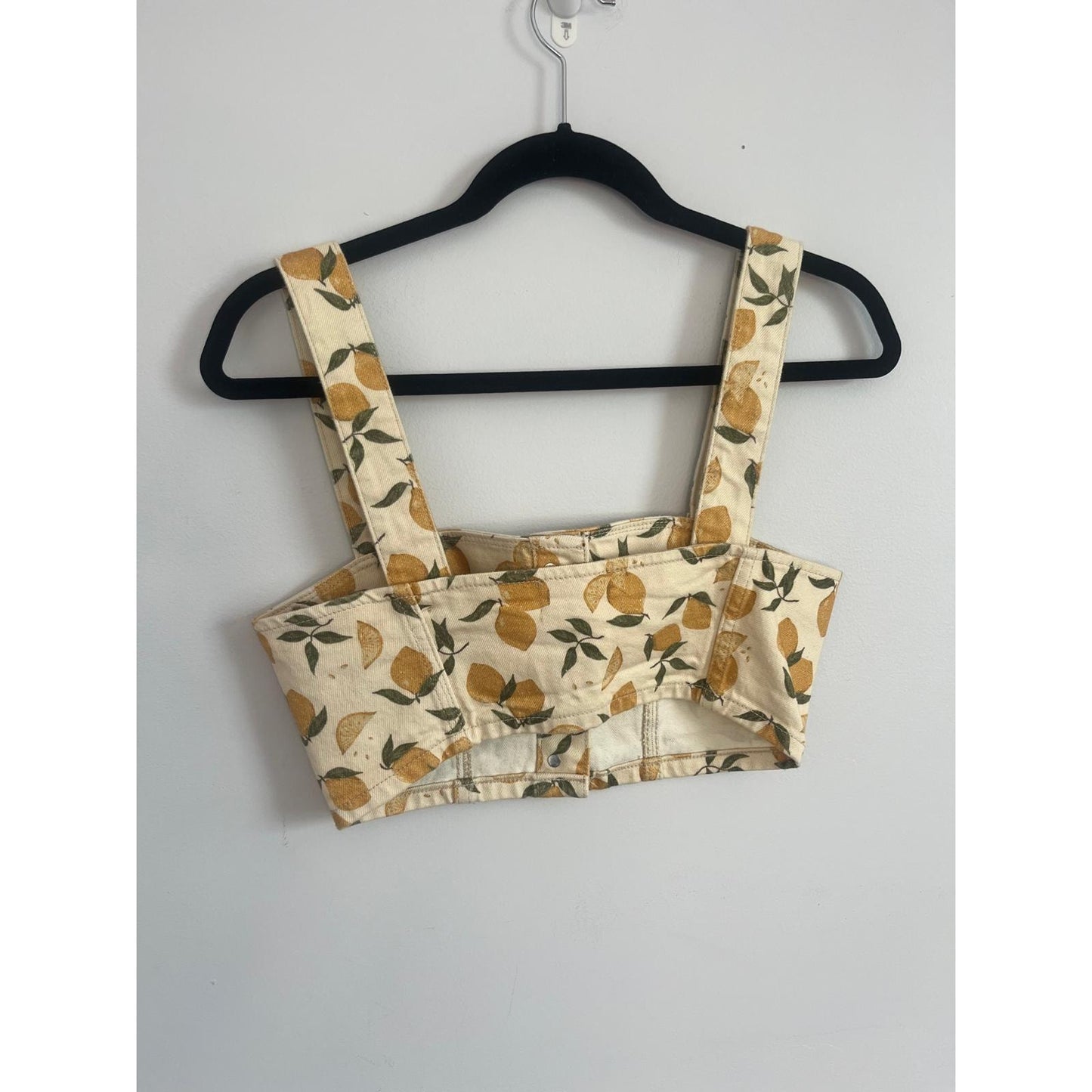 Reformation Crop Top Women XS Yellow Lemon Print Denim Corset Button