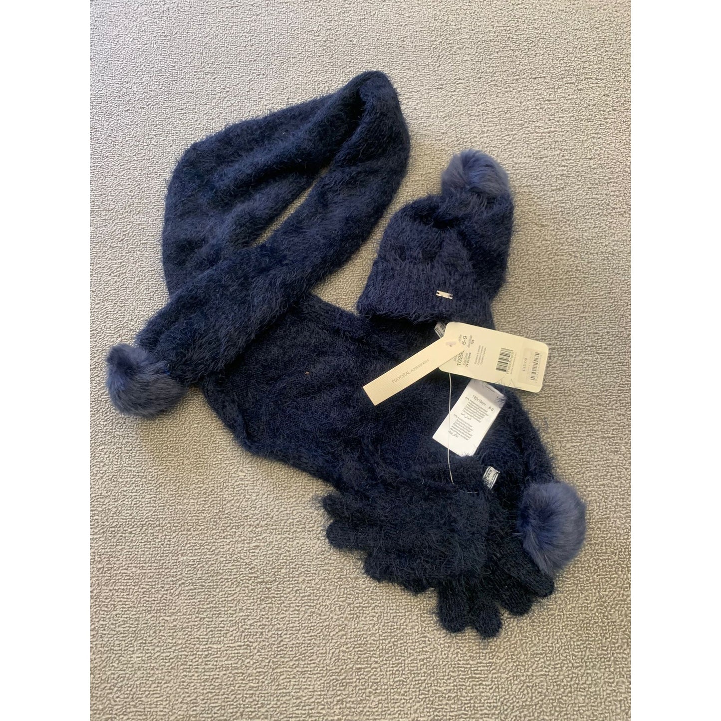 Mayoral Kids 6-9 3 in 1 Set Blue Fuzzy Pompom Hat Scarf Mitten New