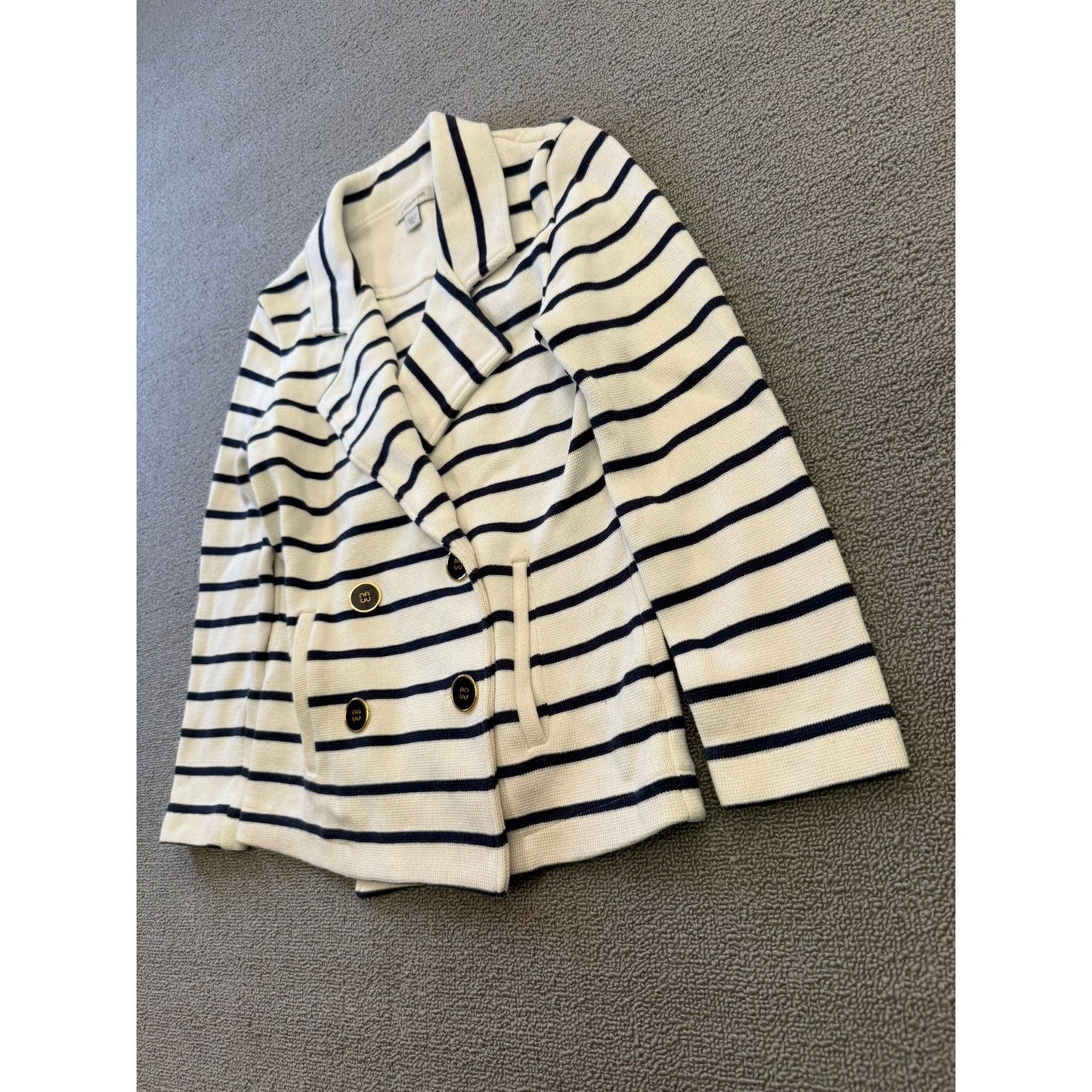 Boston Proper Women's Small White Black Striped Double Breasted Sweater Jacket