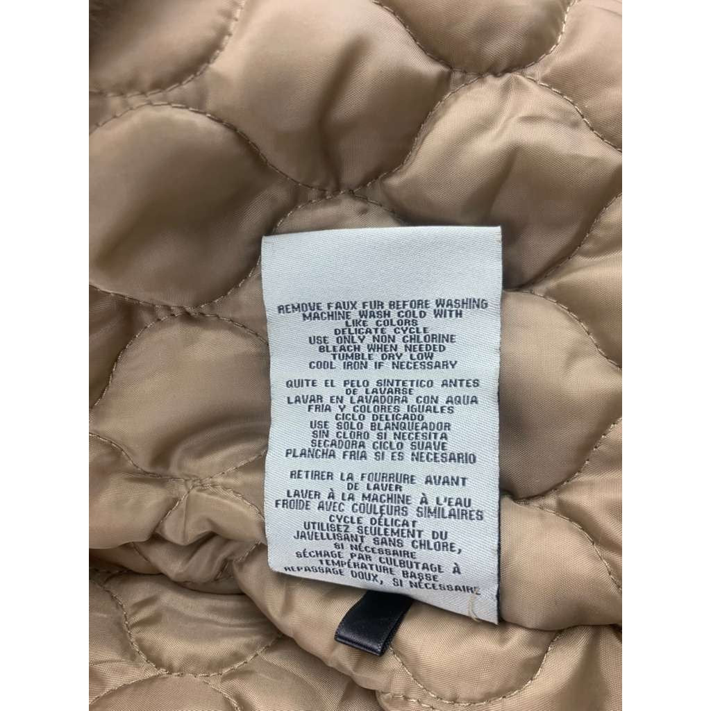 Levi’s Hooded Parka Jacket Women L Tan Faux Fur Trim Quilted Lining Drawcord