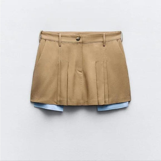 ZARA Medium Female Brown Tan Pleated Skirt with White Layered Hemline Stylish