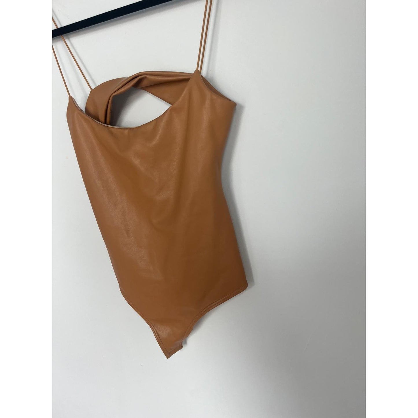 Alix NYC Faux Leather Bodysuit Women XS Cutout Spaghetti Strap Tan