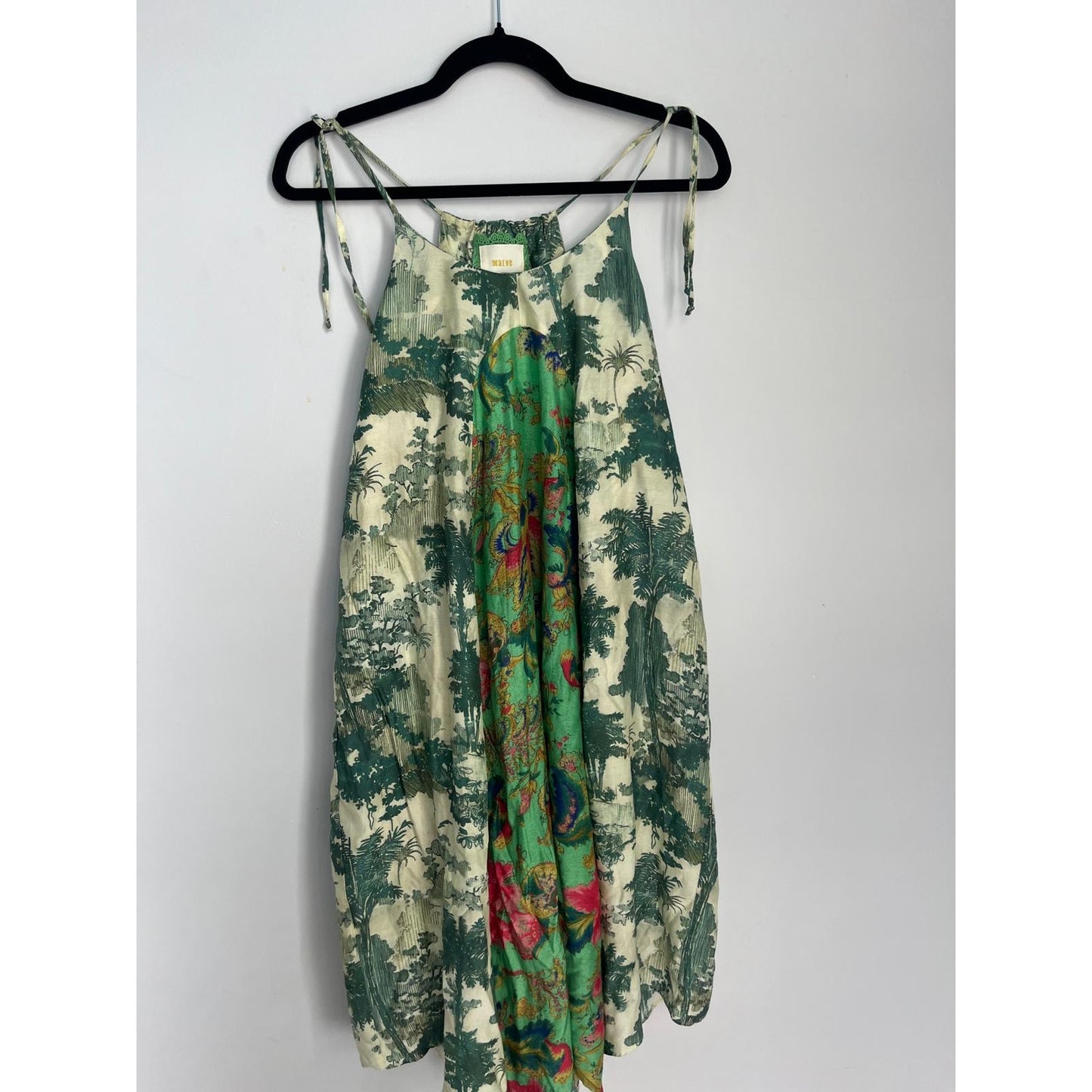 Maeve Sundress Women XS Green Scenic Print Tie Strap Boho Summer Dress
