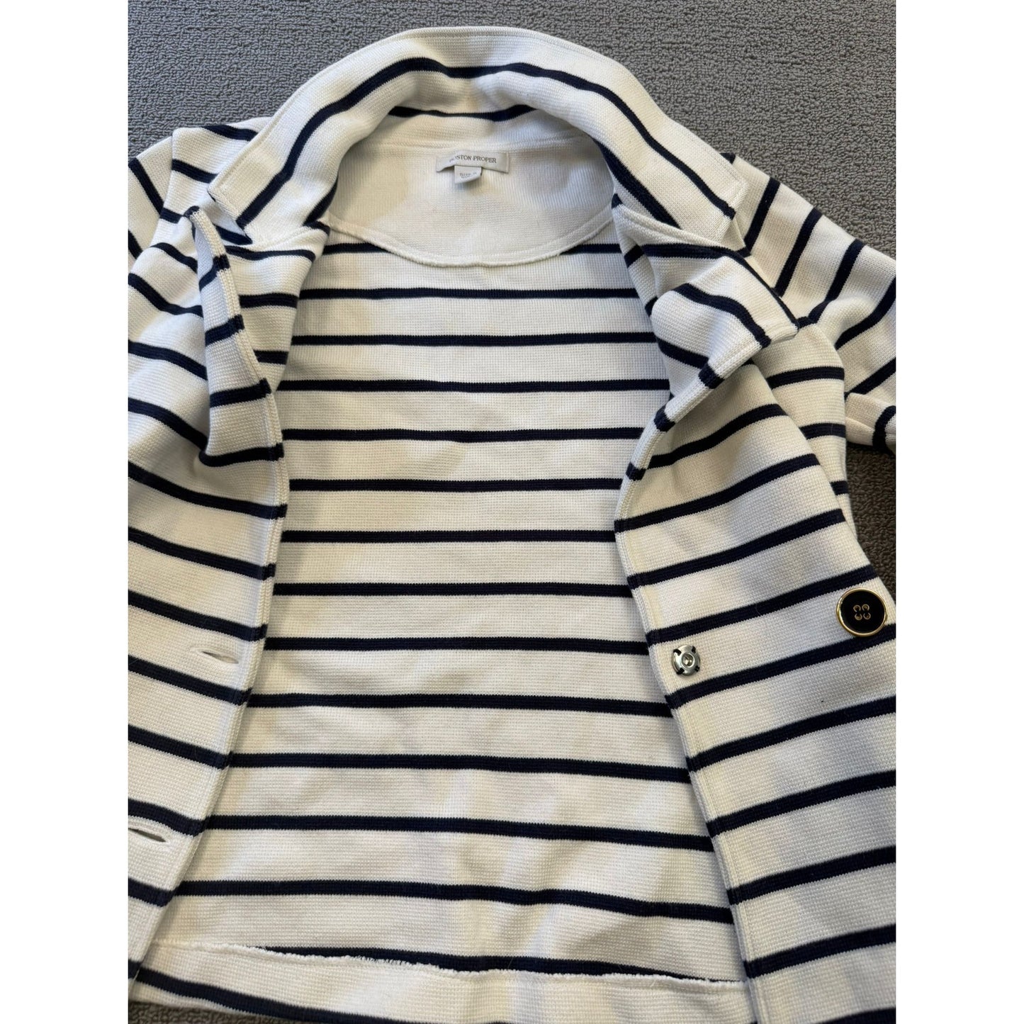 Boston Proper Women's Small White Black Striped Double Breasted Sweater Jacket