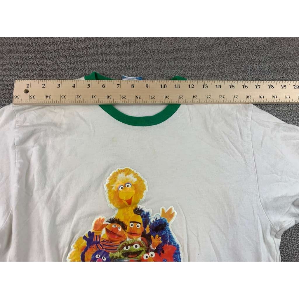 VTG Sesame Street Medium White Green Ringer Graphic T Shirt USA Made