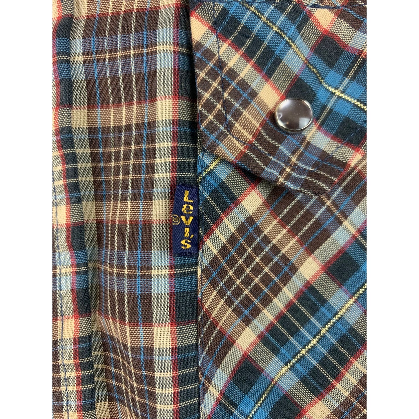 Vintage Levis Western Shirt Men Large Sawtooth Pearl Snap Metallic Stripes Plaid
