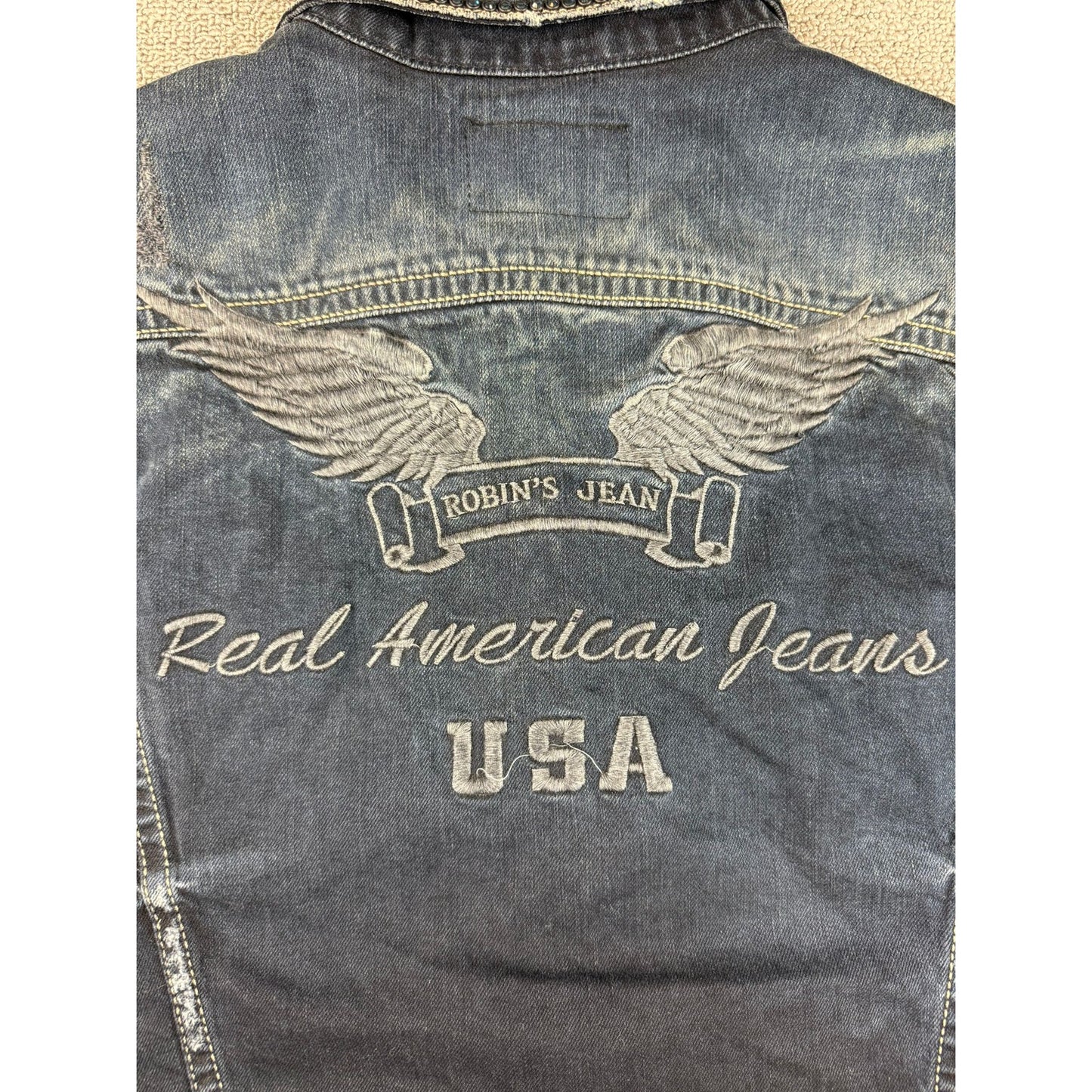 Robin’s Jean XL Denim Vest Distressed Wings Embroidery USA Rhinestone Collar