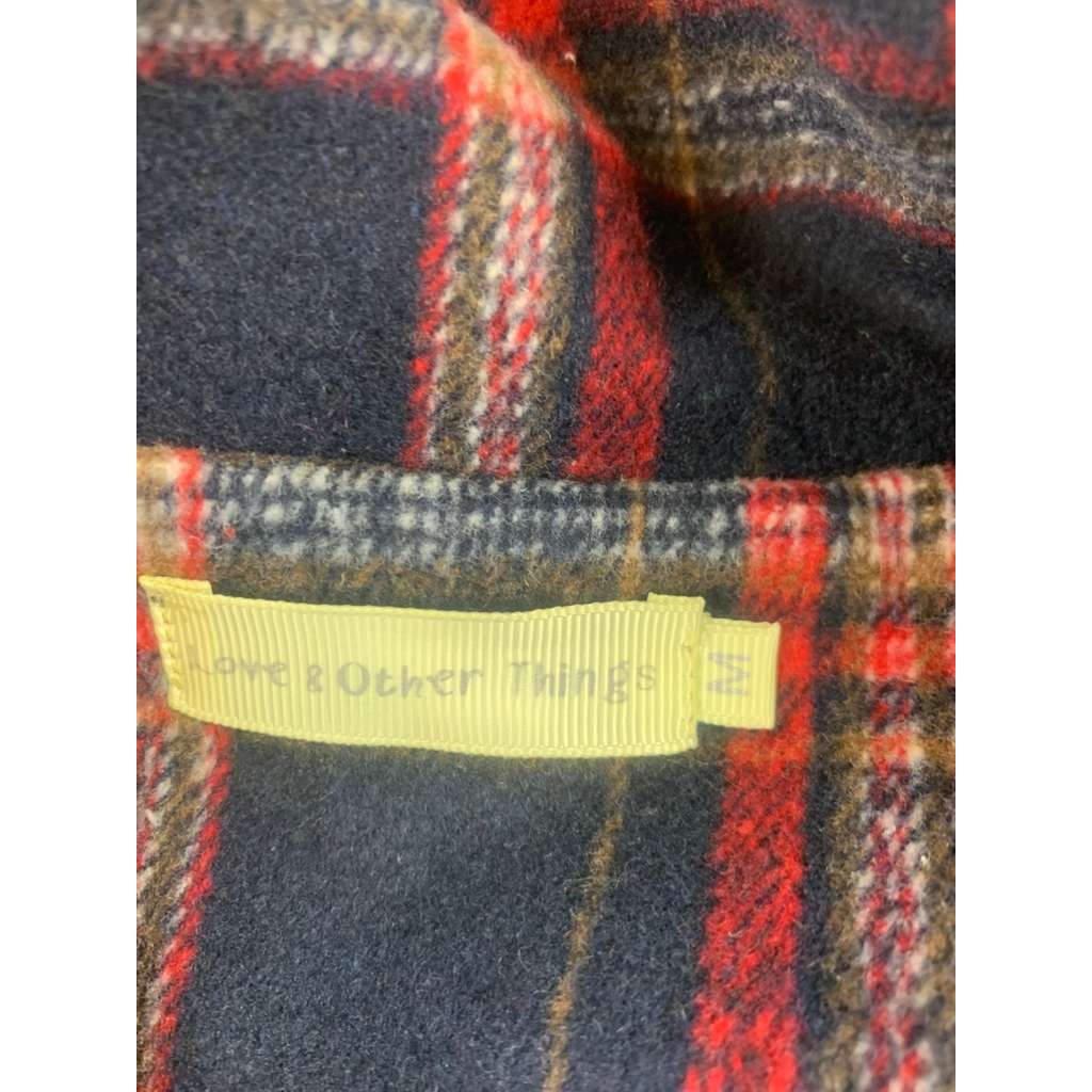 Love & Other Things Women M Navy Red Plaid Over Coat With Pockets