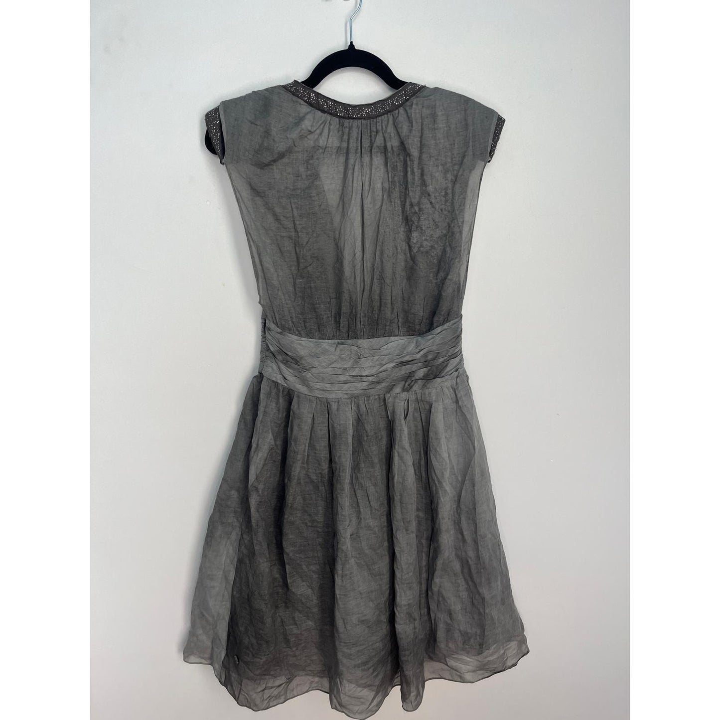 Boss Orange Gray Dress Women 6 Pleated Sheer Cap Sleeve Embellished Waist