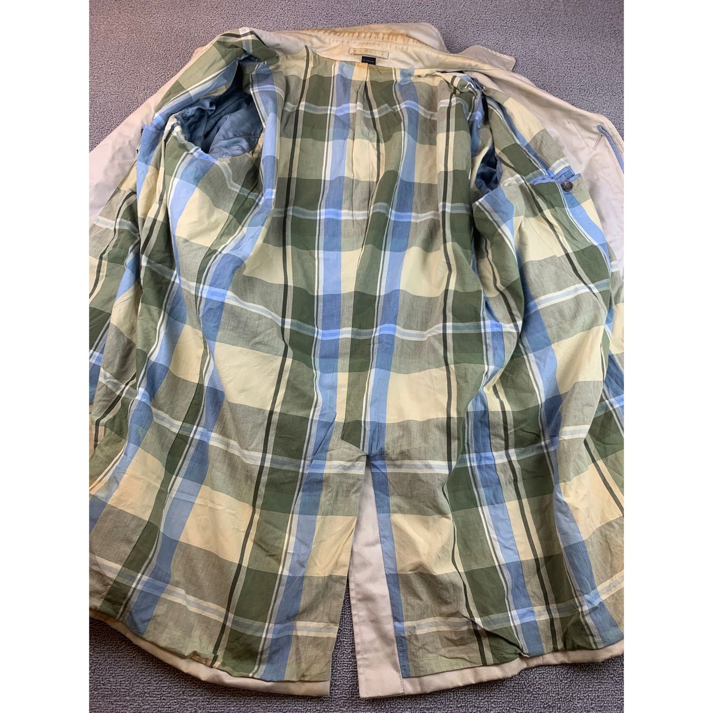 J. Crew Men's XL Beige Green Blue Full Length Checkered Plaid Lined Rain Coat