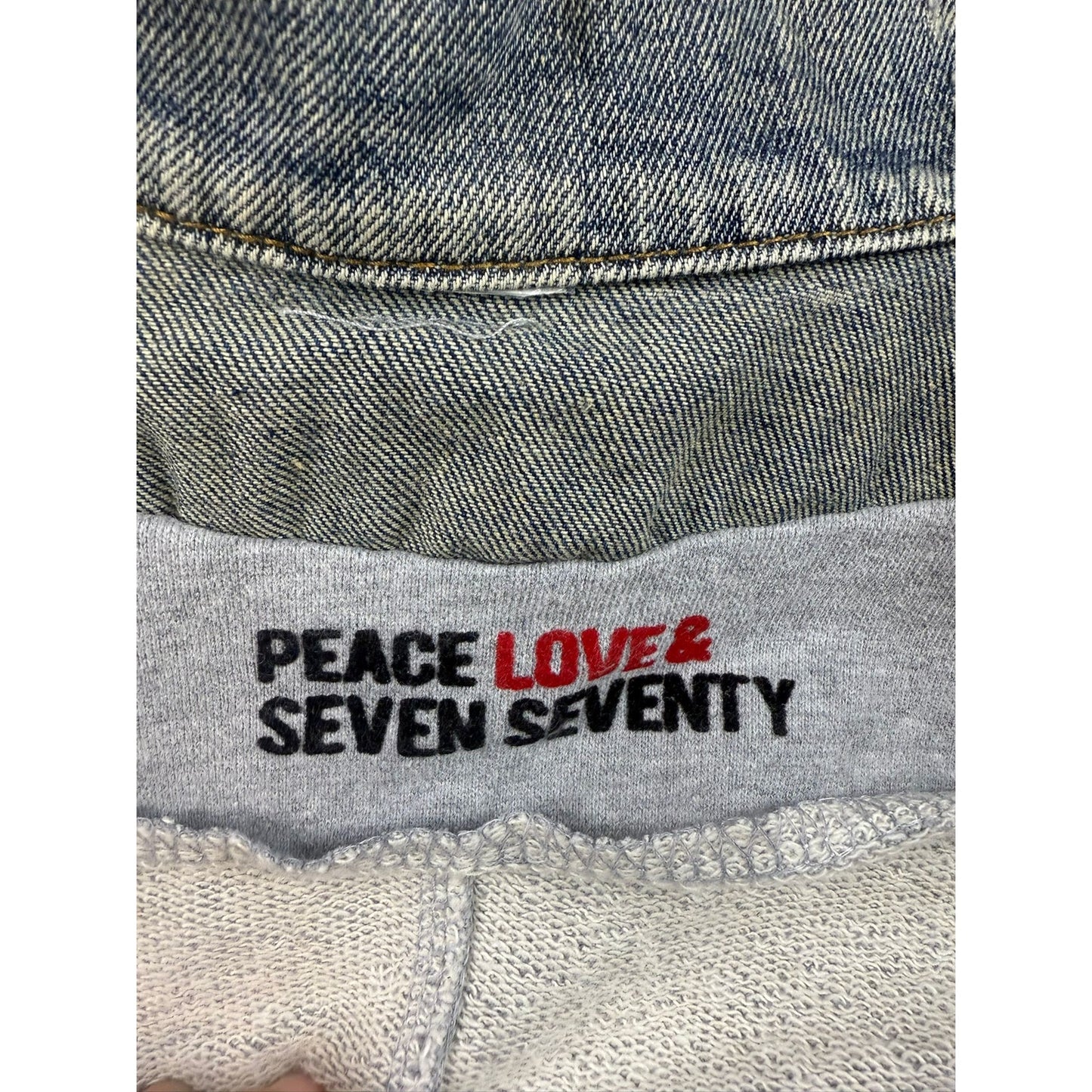 Peace Love & Seven Seventy Women's Small Graphic Patchwork Art Denim Mix Jacket