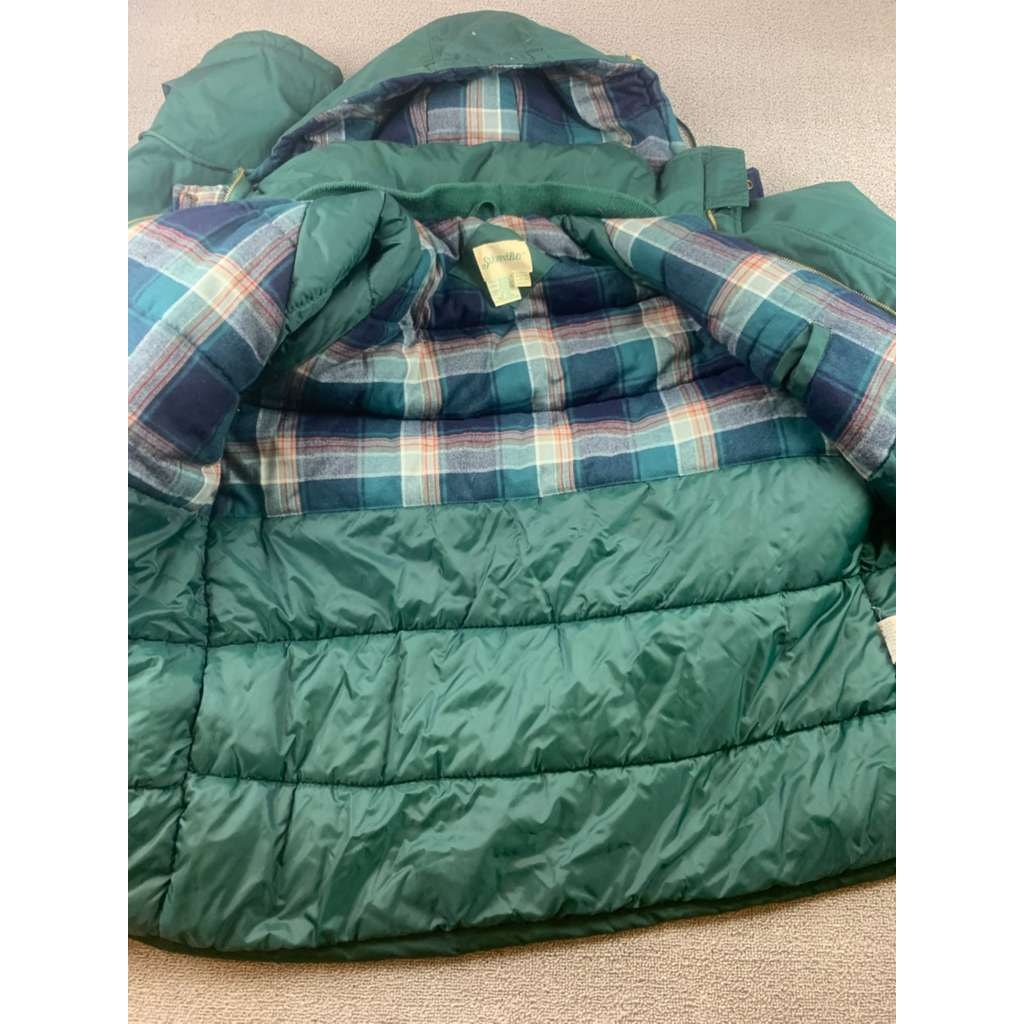 St John’s Bay Men’s Size Large Green Plaid Lined Hooded Parka Jacket Korea Made