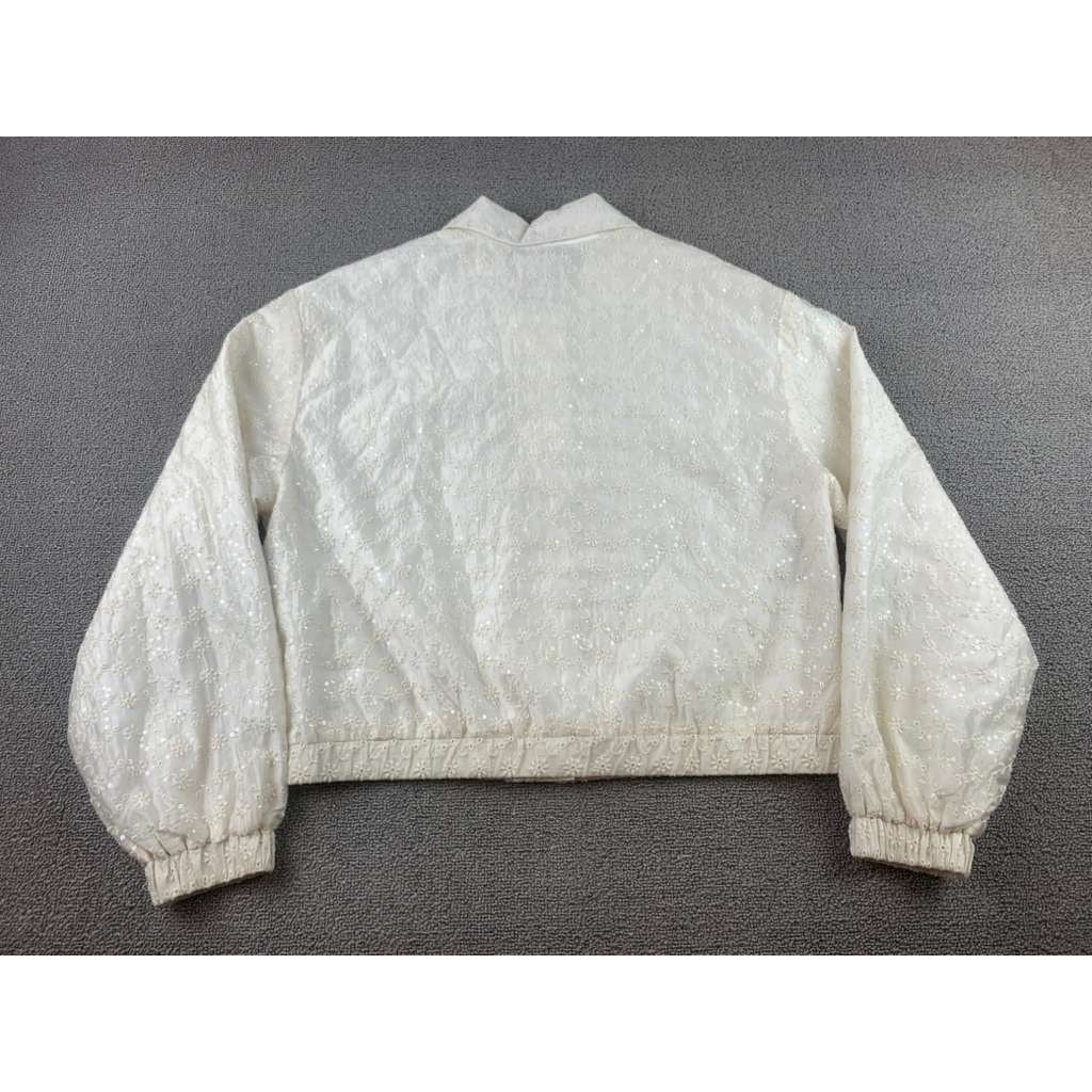 Zara Embroidered Jacket Kids13-14 Cream Floral Eyelet Bomber Elastic Hem