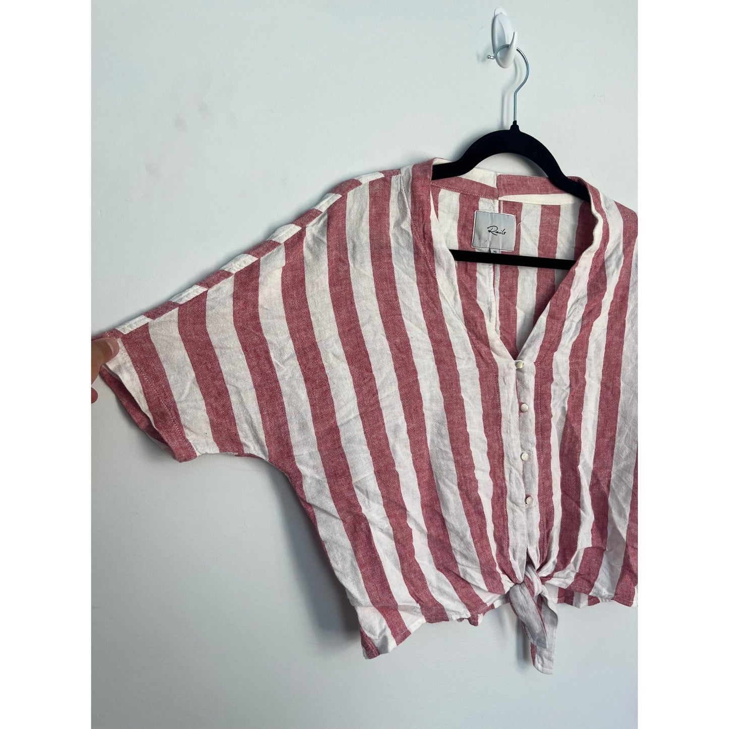 Rails Striped Button Front Shirt Women XS Red White Linen Tie Hem Summer