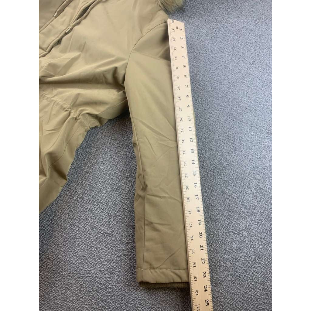 Levi’s Hooded Parka Jacket Women L Tan Faux Fur Trim Quilted Lining Drawcord