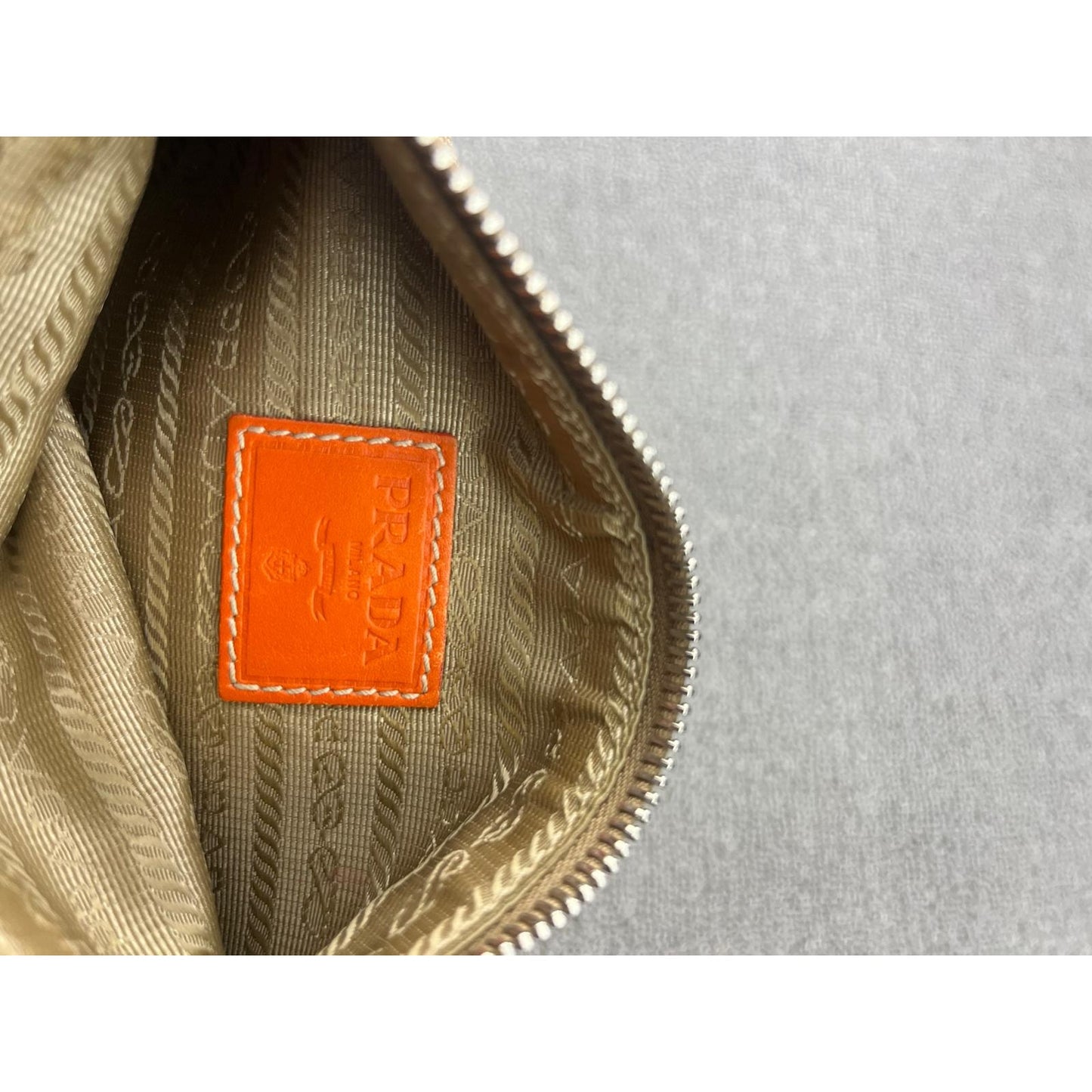Authentic Prada Jacquard Pouch in Brown/Beige Canvas and Orange Leather Rare