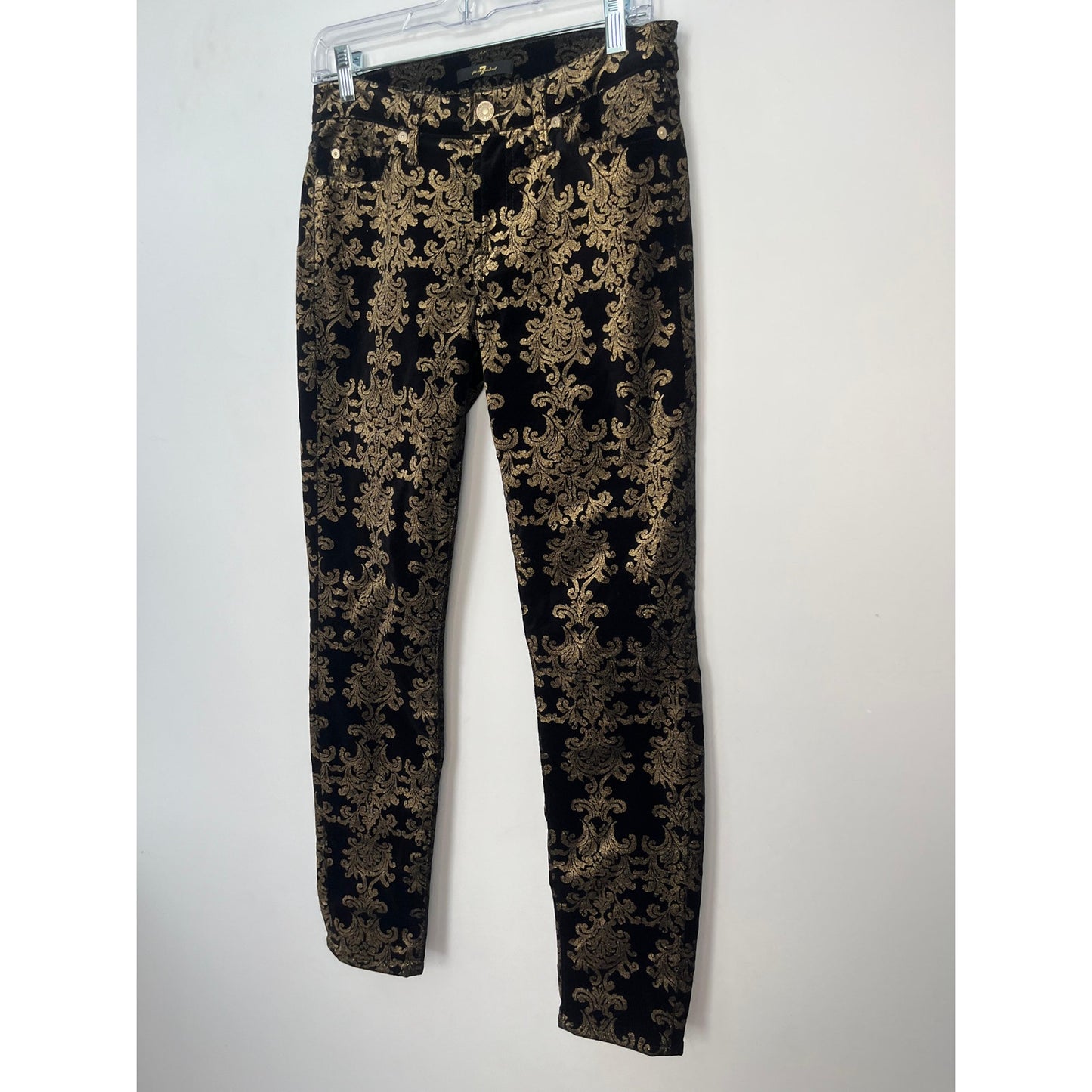 7 For All Mankind Velvet Pants Women 27 Black Gold Baroque Skinny Stretch
