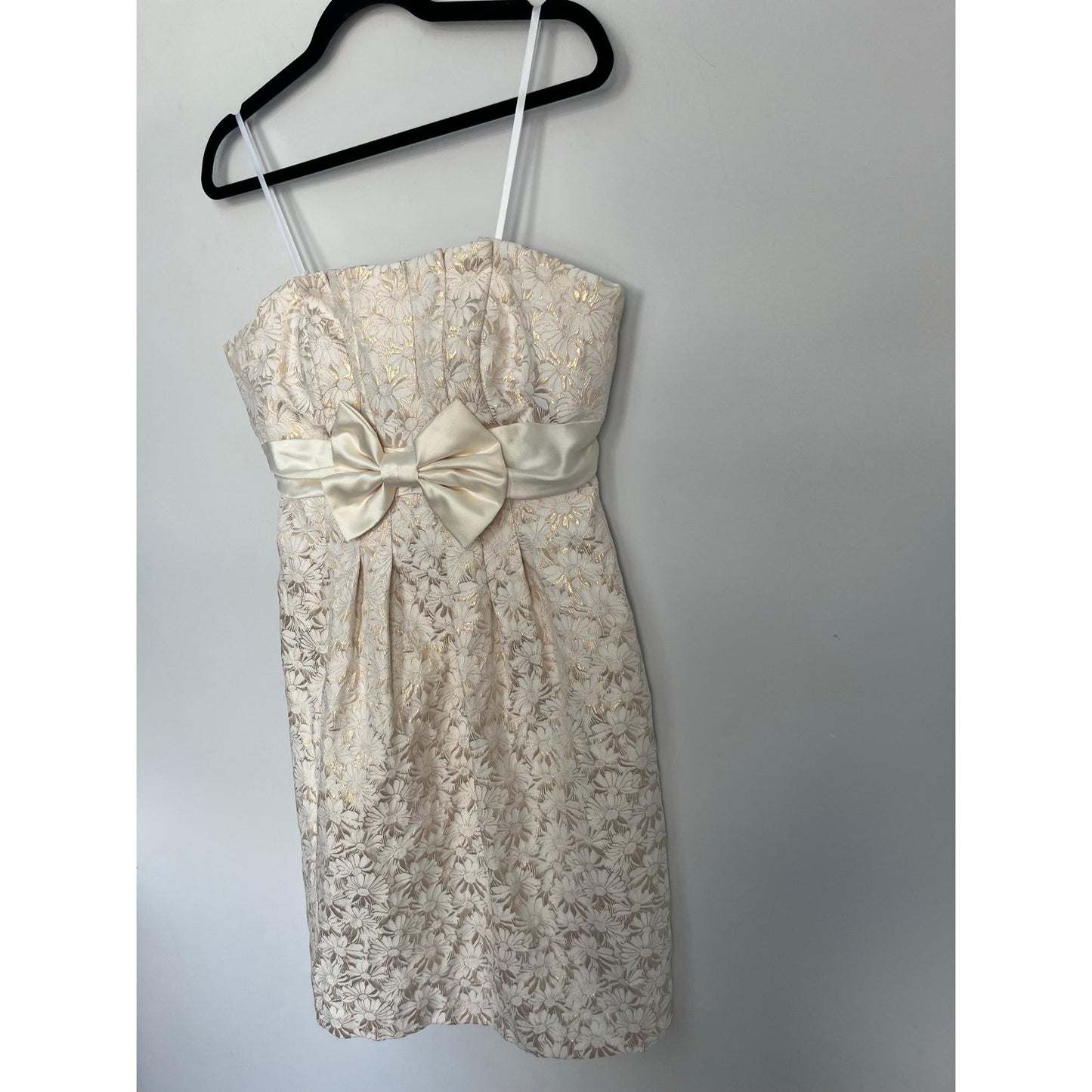 Betsy & Adam Strapless Mini Dress Women 12 Floral Brocade Bow Cream Gold