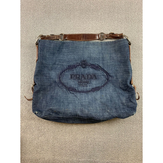 Authentic Prada Milano Blue Women's Washed Denim Logo Hobo Handbag