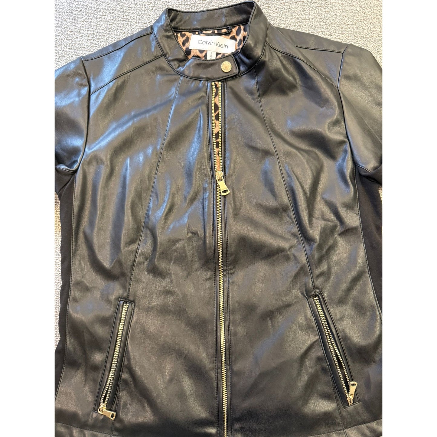 Calvin Klein Womens Large Black Faux Leather Biker Jacket Gold Zippers