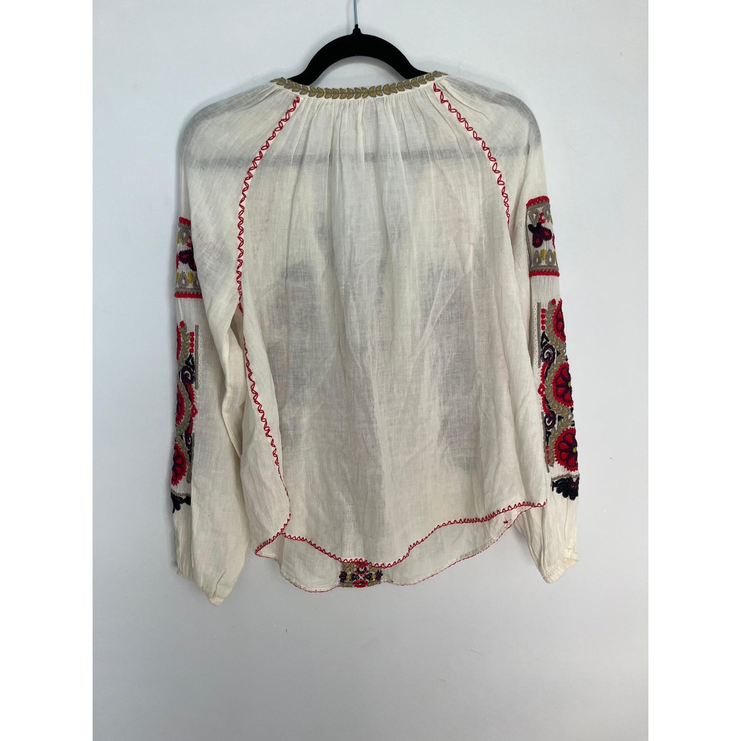 Calypso St Barth Embroidered Boho Blouse Women XS Cream Red Peasant Top