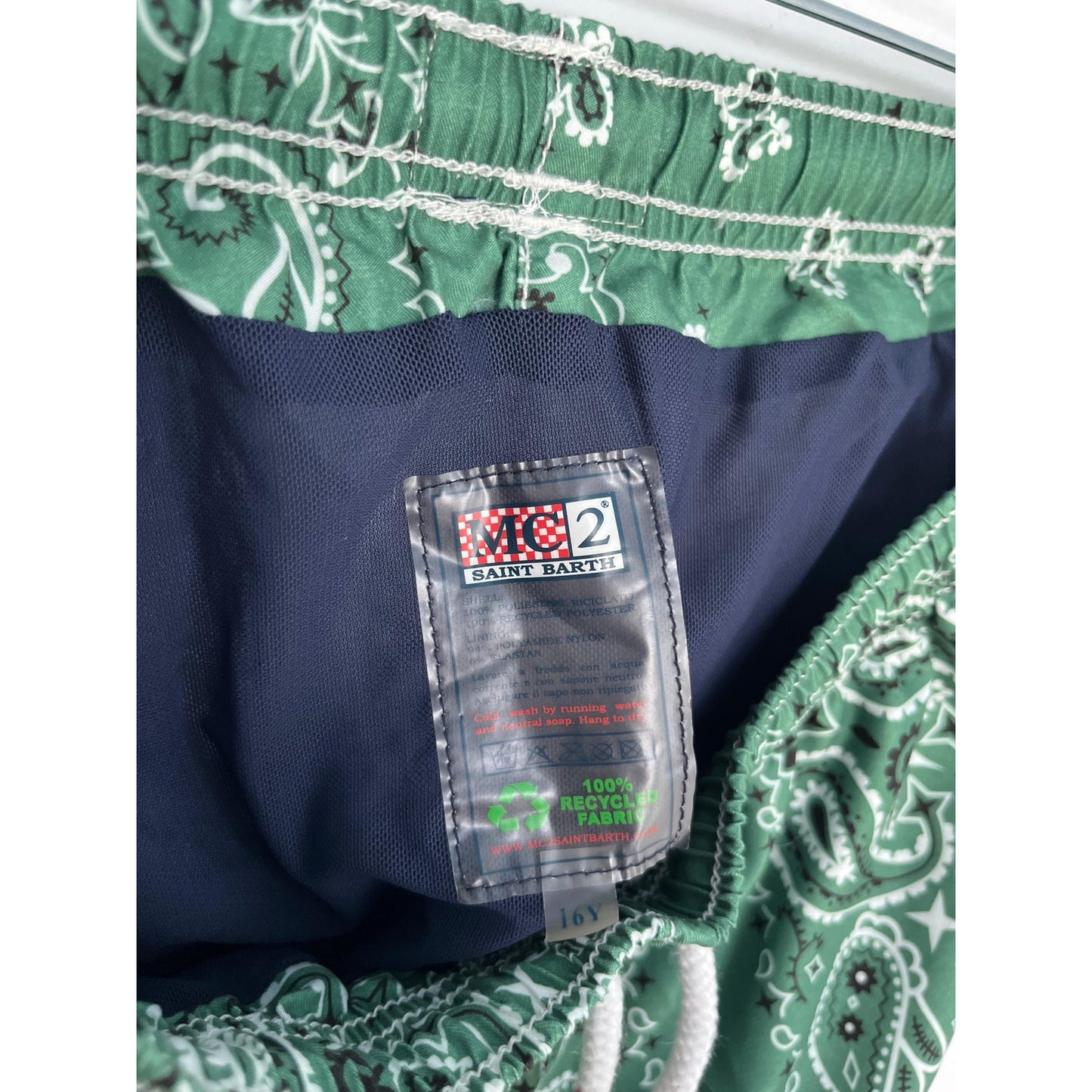 MC2 Saint Barth Swim Trunks Boys 16Y Green Paisley Print Recycled Drawstring