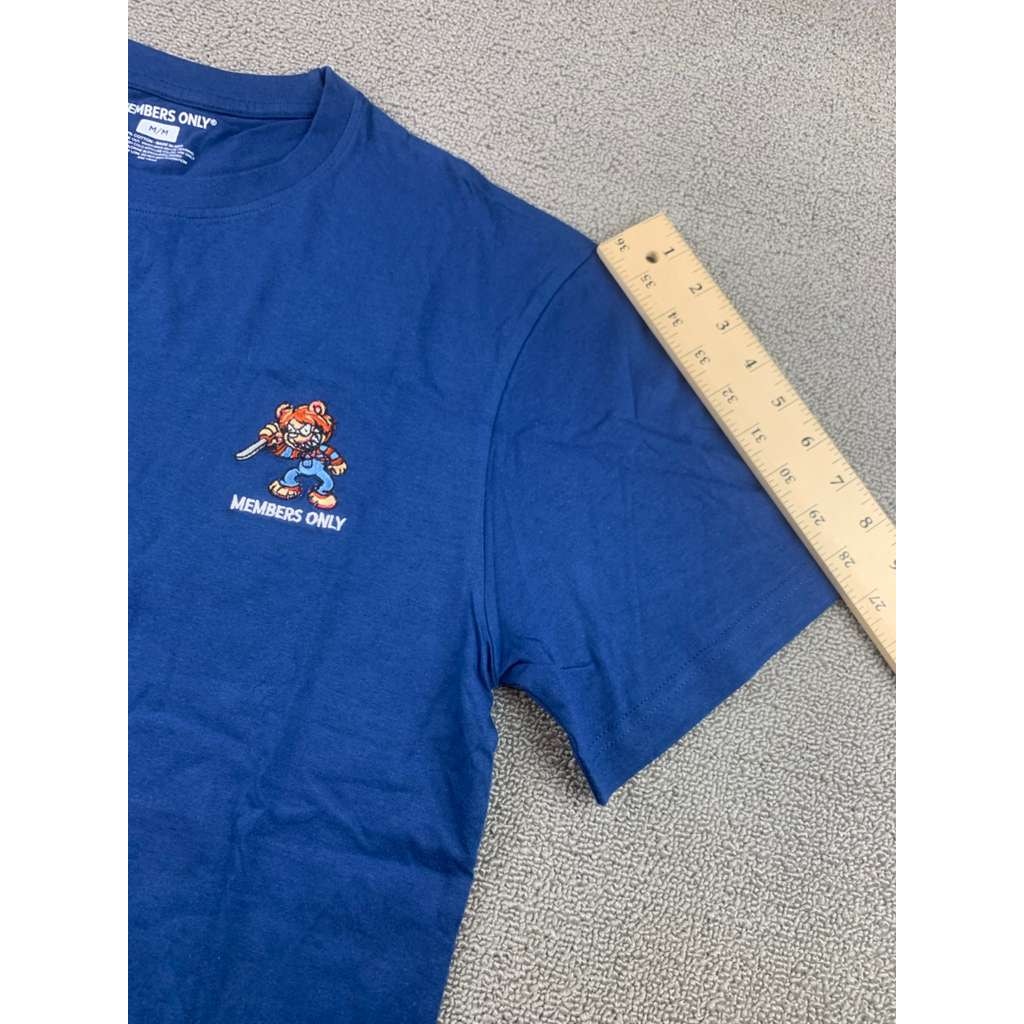 Members Only Mens M Blue Embroidered Bear Knife Scary Cotton Crewneck T Shirt