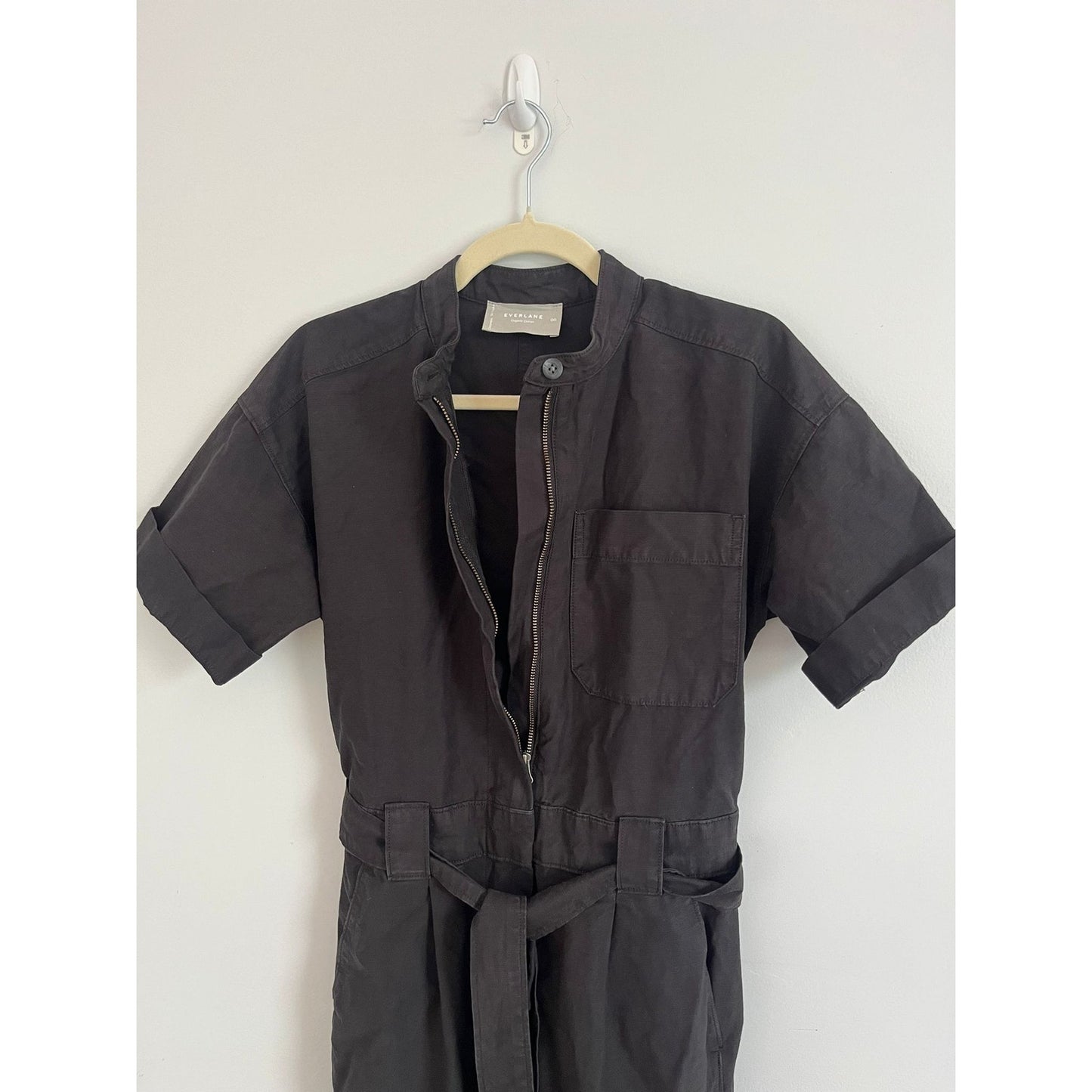 Everlane Utility Jumpsuit Women 00 Black Organic Cotton Short Sleeve Belted
