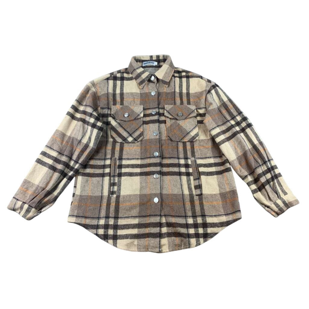 BoutiKome Plaid Shacket Womens S Tan Brown Brown Plaid Button Flannel Pockets