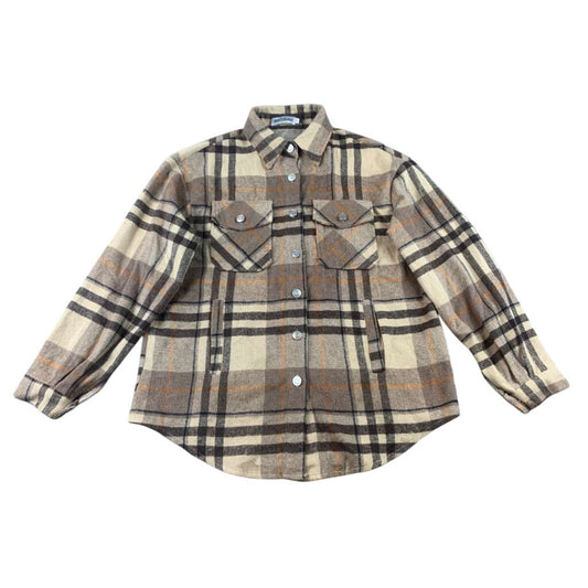 BoutiKome Plaid Shacket Womens S Tan Brown Brown Plaid Button Flannel Pockets