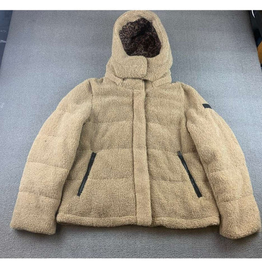 Sanctuary Sherpa Hooded Puffer Jacket Size M Teddy Bear Coat Faux Fur Tan
