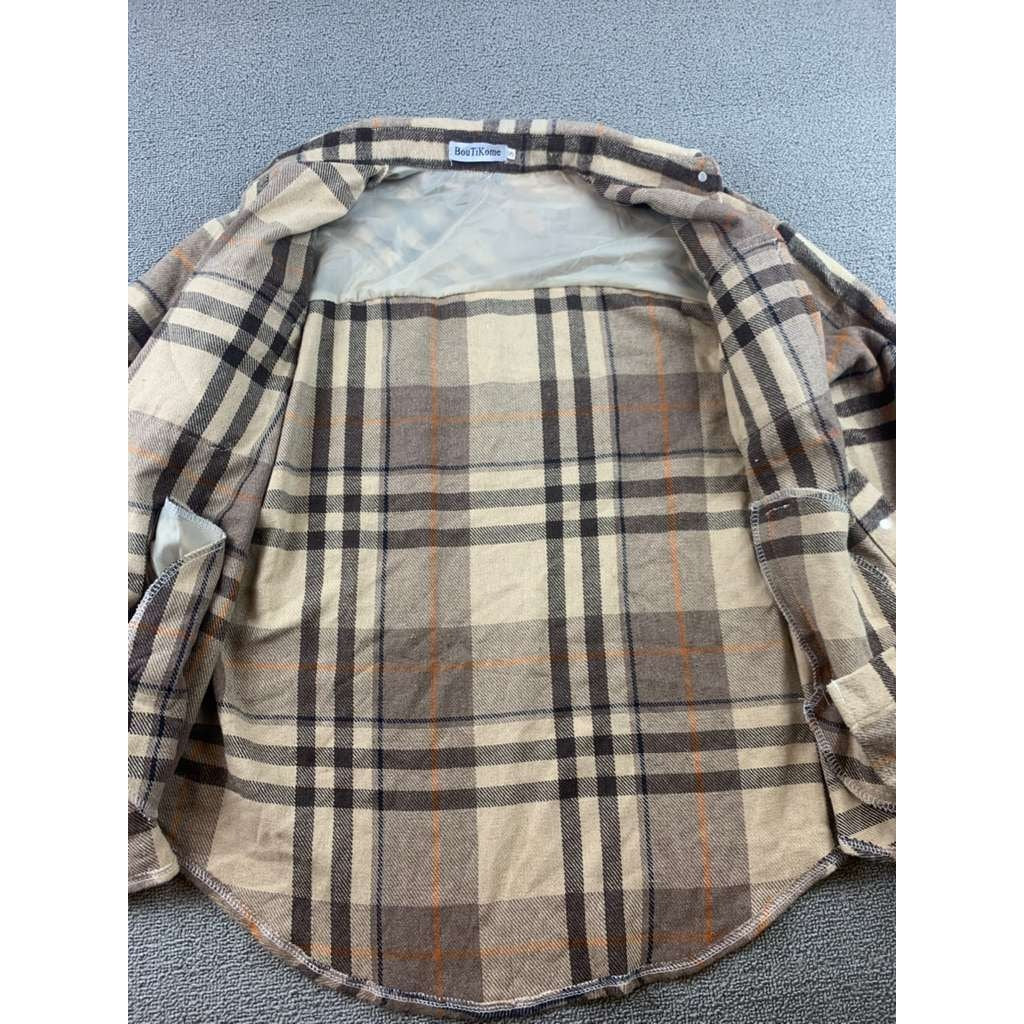 BoutiKome Plaid Shacket Womens S Tan Brown Brown Plaid Button Flannel Pockets