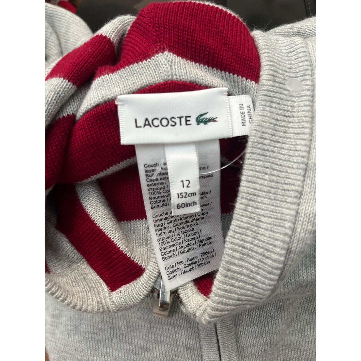 Lacoste Zip Hoodie Teen/Boy Size 12 Grey Red Cropped Cotton Blend Lightweight