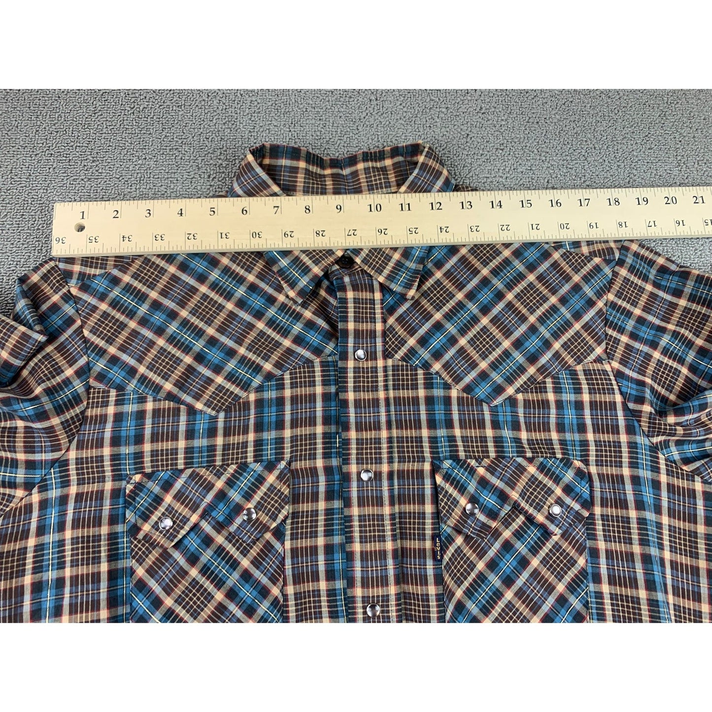 Vintage Levis Western Shirt Men Large Sawtooth Pearl Snap Metallic Stripes Plaid