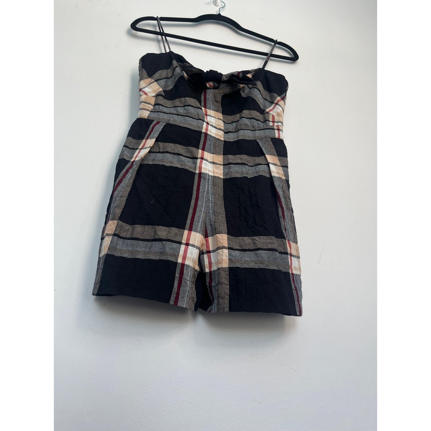 Club Monaco Plaid Romper Women 0 Black Tan Bow Tie Front Spaghetti Strap