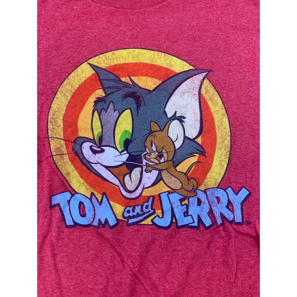 Tom and Jerry Mens M Red Heather Crewneck Cartoon Graphic T Shirt