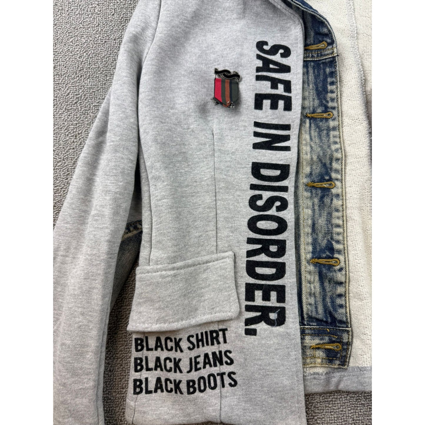 Peace Love & Seven Seventy Women's Small Graphic Patchwork Art Denim Mix Jacket