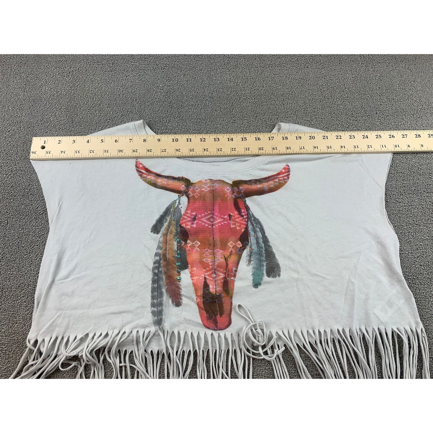 Forever 21 Women M White Western Bull Skull Graphic Fringe Cropped T-Shirt